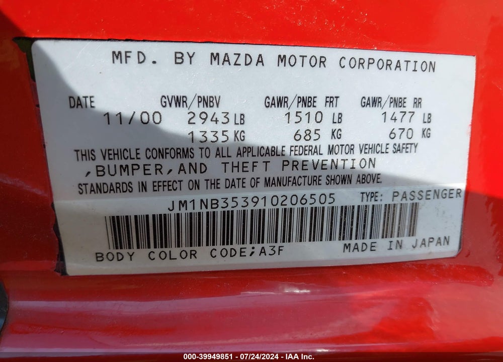 2001 MAZDA MX-5 MIATA LS/SPECIAL EDITION VIN: JM1NB353910206505