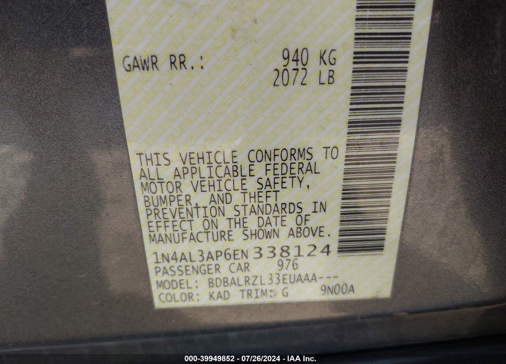 2014 NISSAN ALTIMA VIN: 1N4AL3AP6EN338124
