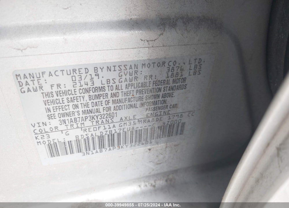 2019 NISSAN SENTRA SV VIN: 3N1AB7AP3KY322601