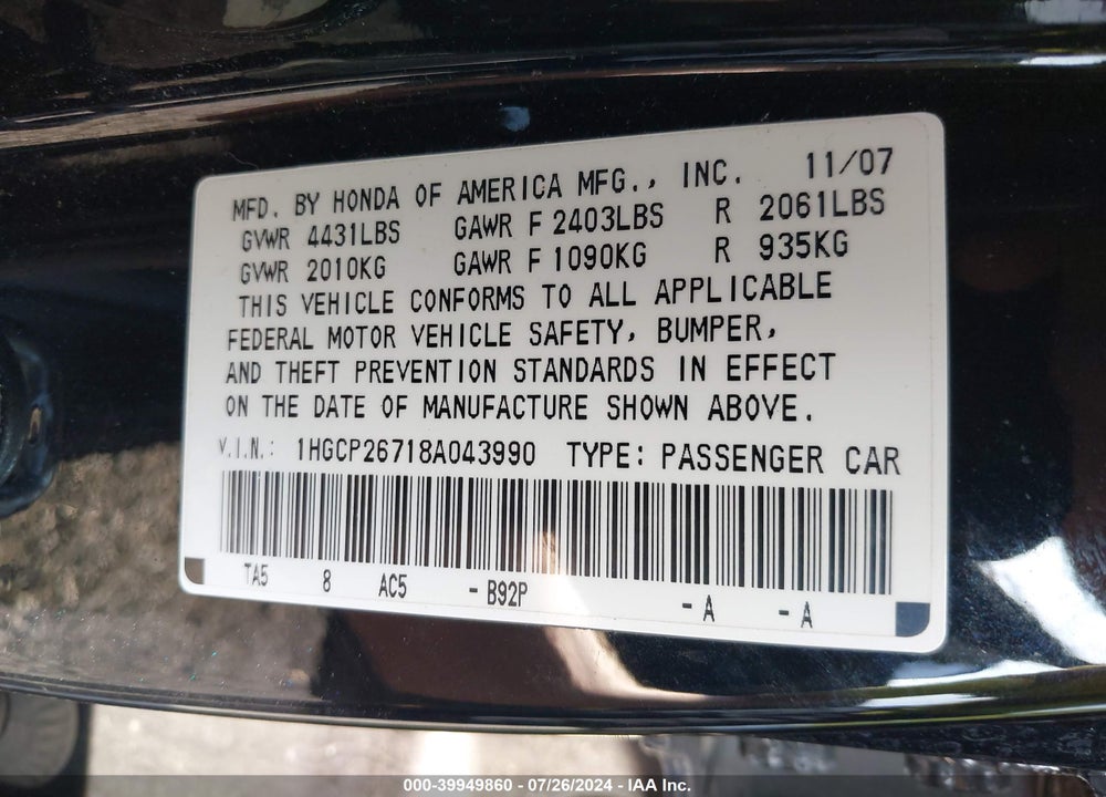 2008 HONDA ACCORD 2.4 EX VIN: 1HGCP26718A043990
