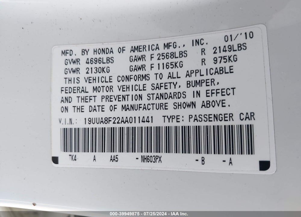 2010 ACURA TL 3.5 VIN: 19UUA8F22AA011441