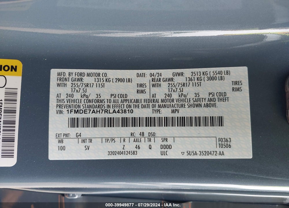 2024 FORD BRONCO BIG BEND VIN: 1FMDE7AH7RLA43810