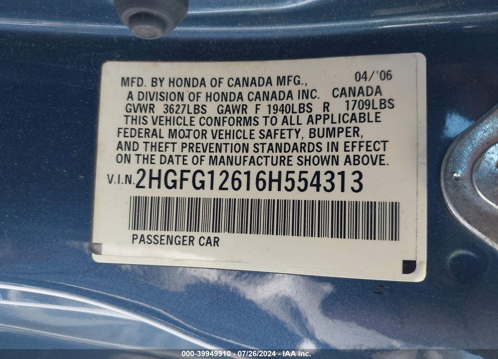 2006 HONDA CIVIC LX VIN: 2HGFG12616H554313