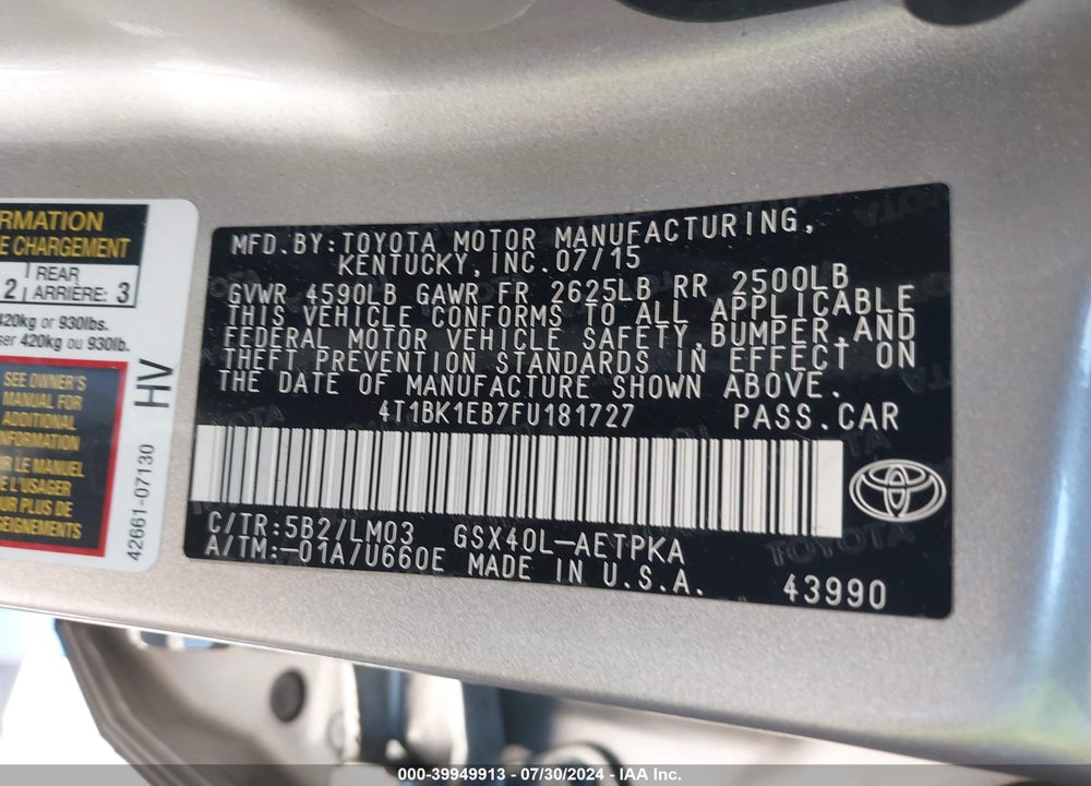 2015 TOYOTA AVALON LIMITED VIN: 4T1BK1EB7FU181727