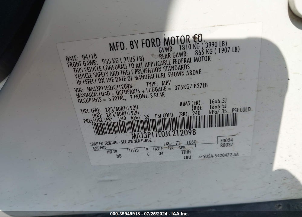 2018 FORD ECOSPORT SE VIN: MAJ3P1TE0JC212098