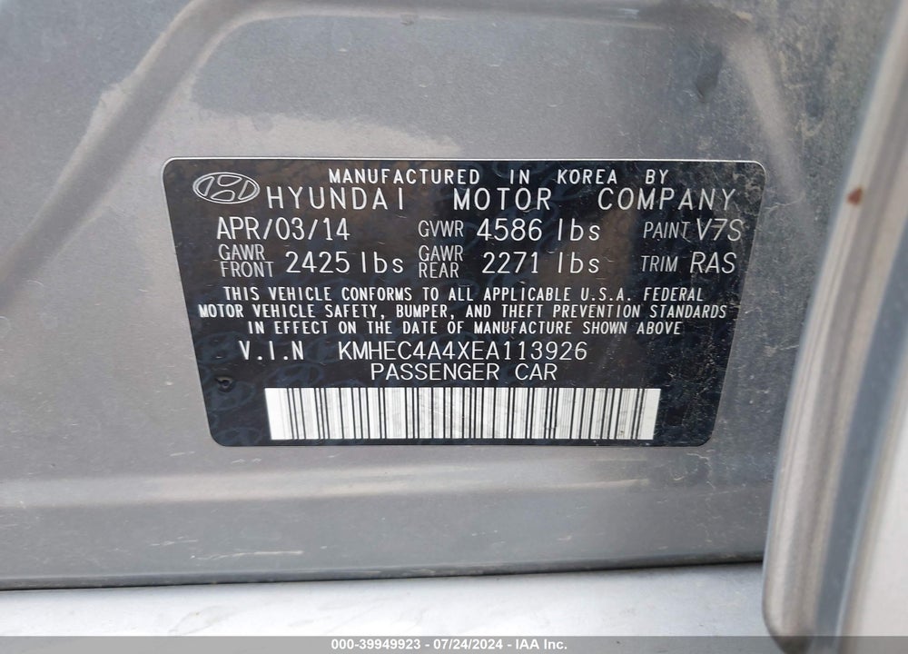 2014 HYUNDAI SONATA HYBRID VIN: KMHEC4A4XEA113926