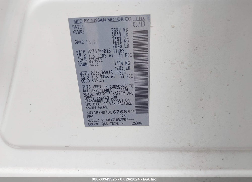 2013 NISSAN PATHFINDER SL VIN: 5N1AR2MN7DC676652