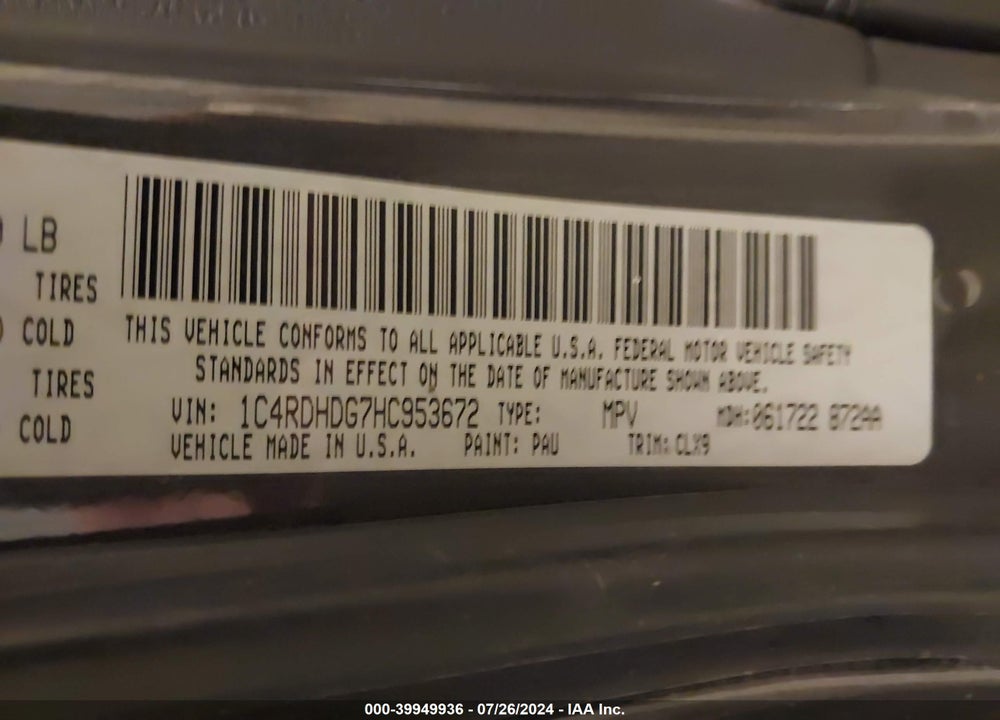 2017 DODGE DURANGO GT RWD VIN: 1C4RDHDG7HC953672