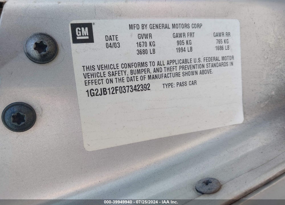 2003 PONTIAC SUNFIRE VIN: 1G2JB12F037342392