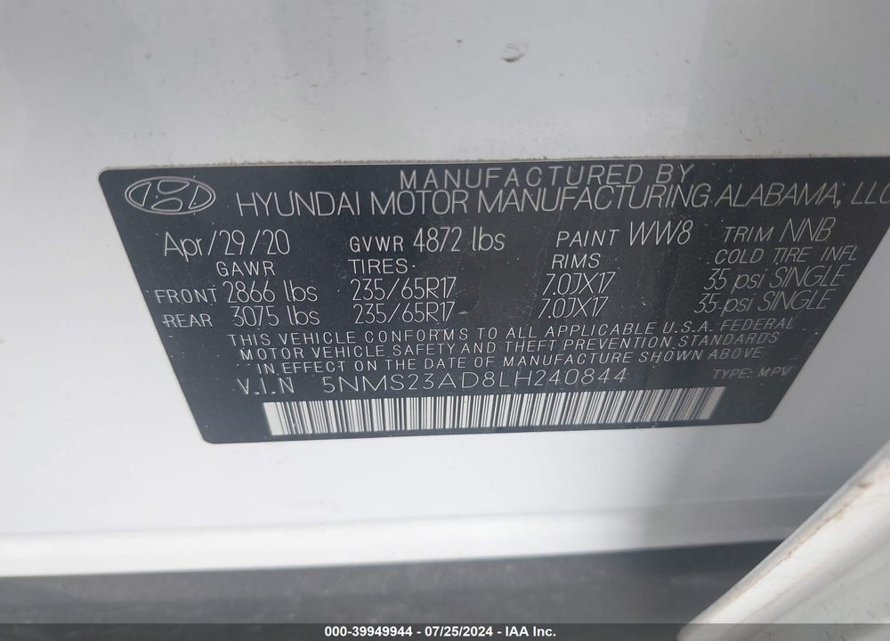 2020 HYUNDAI SANTA FE SE VIN: 5NMS23AD8LH240844