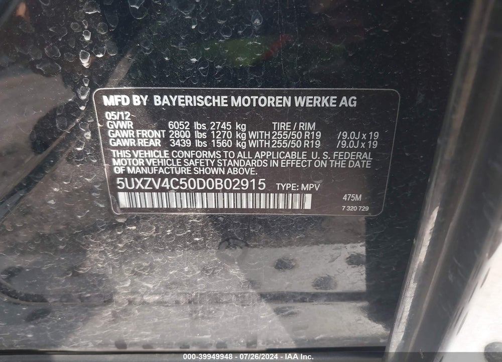 2013 BMW X5 XDRIVE35I/XDRIVE35I PREMIUM/XDRIVE35I SPORT ACTIVITY VIN: 5UXZV4C50D0B02915