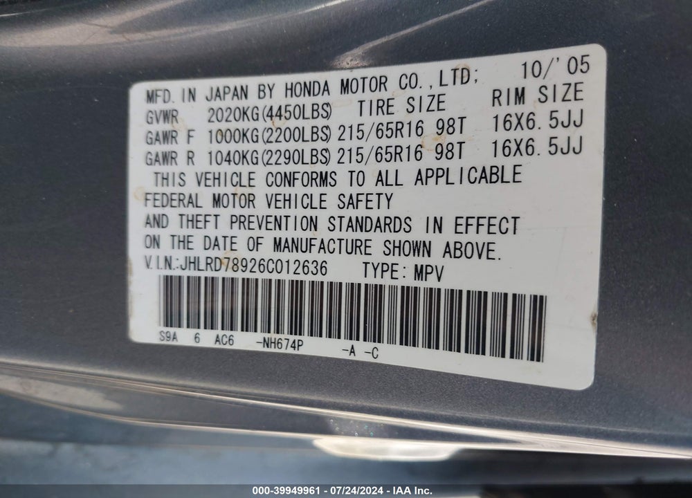 2006 HONDA CR-V SE VIN: JHLRD78926C012636