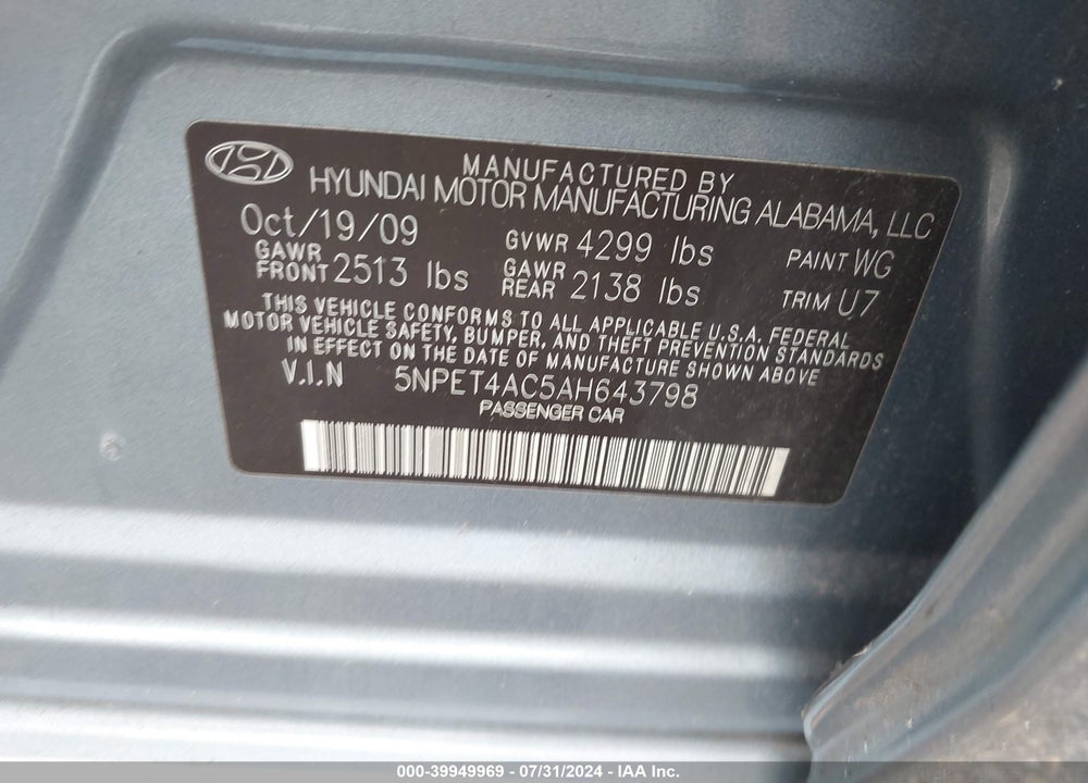 2010 HYUNDAI SONATA GLS VIN: 5NPET4AC5AH643798