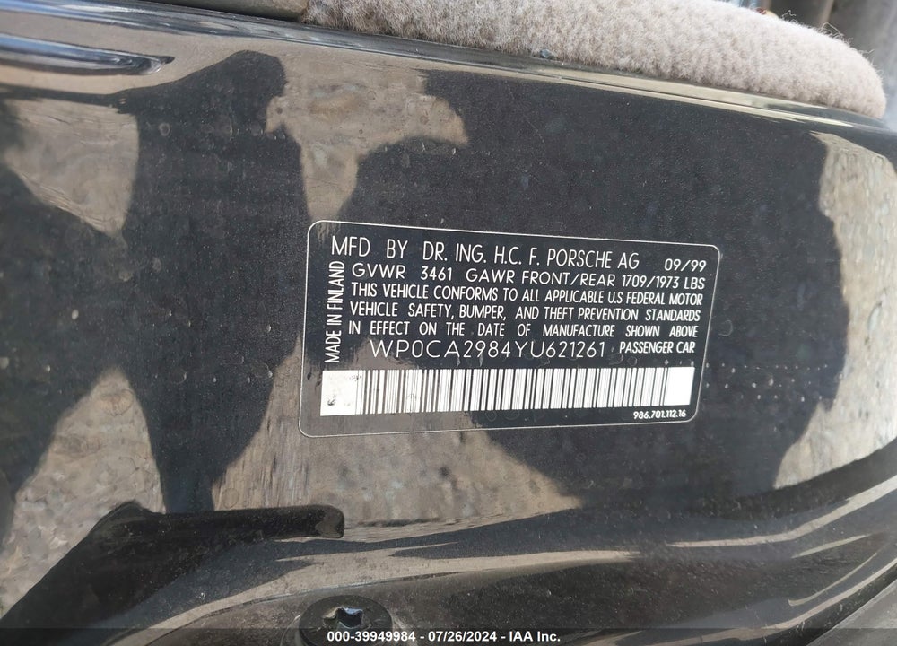 2000 PORSCHE BOXSTER VIN: WP0CA2984YU621261