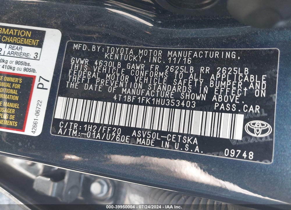 2017 TOYOTA CAMRY LE/SE/XLE/XSE VIN: 4T1BF1FK1HU353403