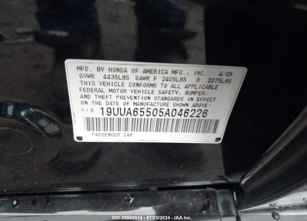 2005 ACURA TL VIN: 19UUA65505A046226