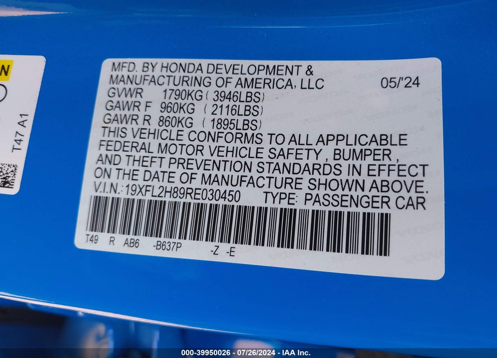 2024 HONDA CIVIC SPORT VIN: 19XFL2H89RE030450