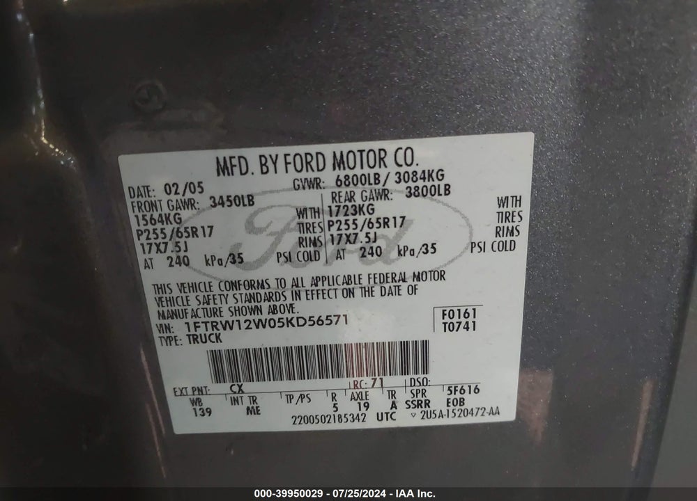 2005 FORD F-150 XLT VIN: 1FTRW12W05KD56571