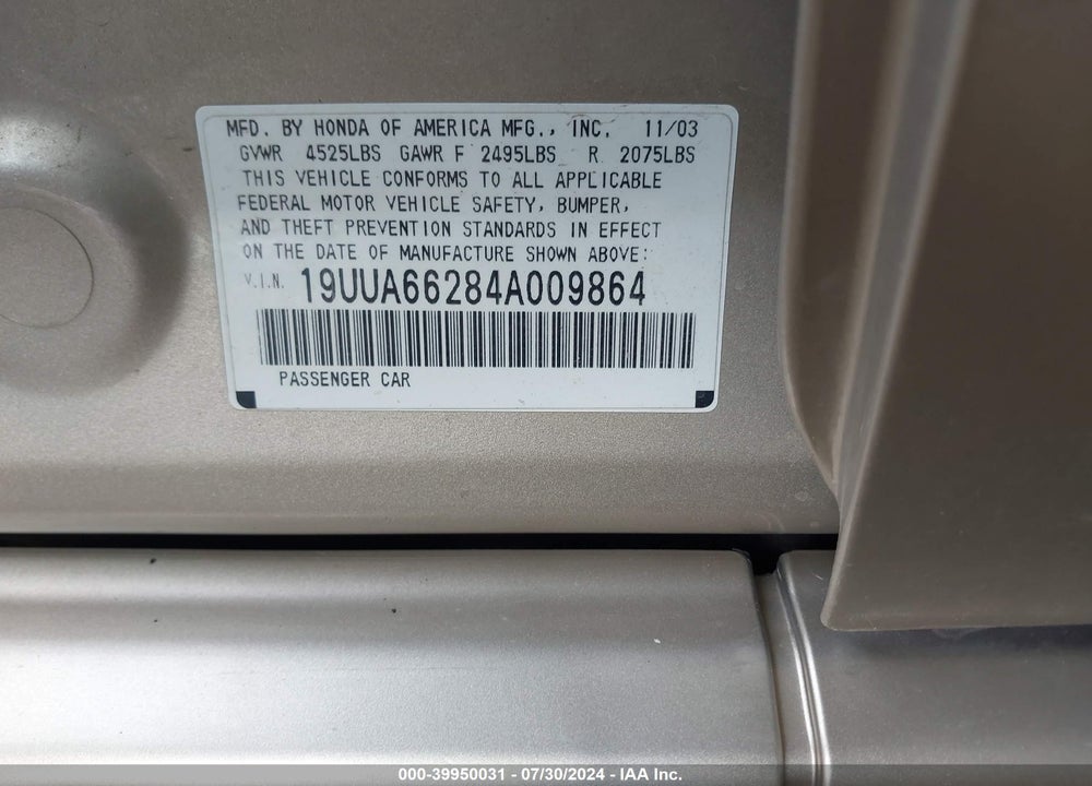 2004 ACURA TL VIN: 19UUA66284A009864