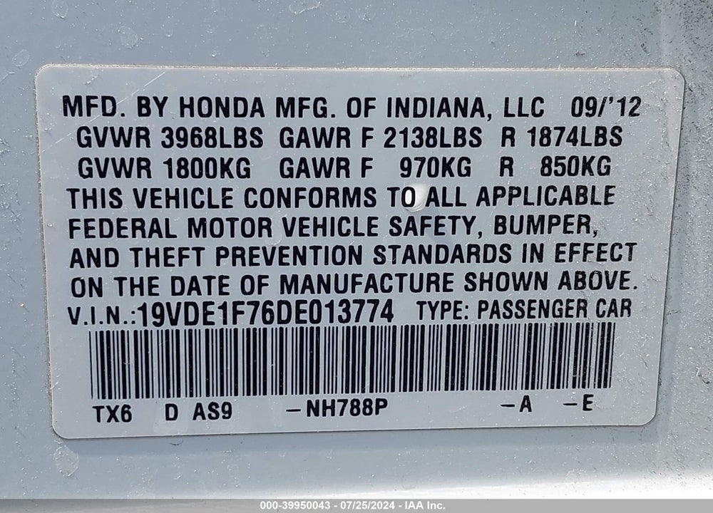 2013 ACURA ILX 2.0L VIN: 19VDE1F76DE013774