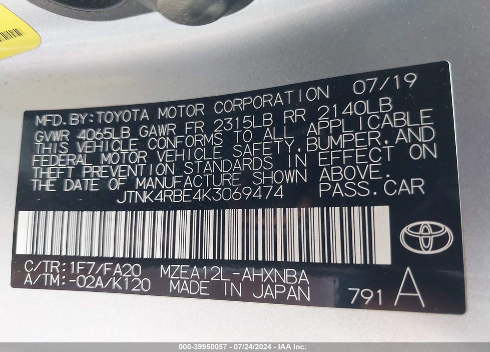 2019 TOYOTA COROLLA SE VIN: JTNK4RBE4K3069474