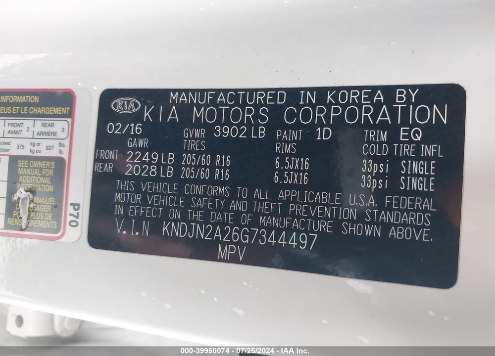 2016 KIA SOUL VIN: KNDJN2A26G7344497