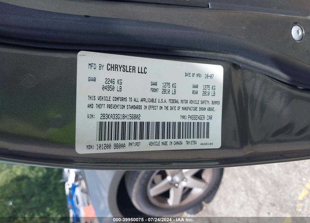 2008 DODGE CHARGER SXT VIN: 2B3KA33G18H156802