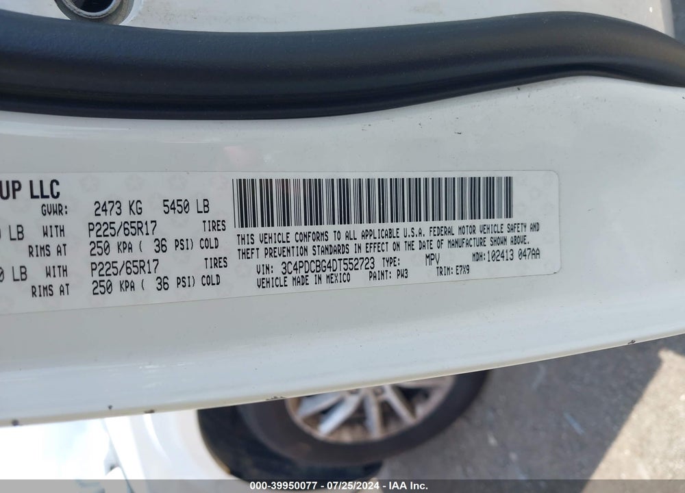 2013 DODGE JOURNEY SXT VIN: 3C4PDCBG4DT552723