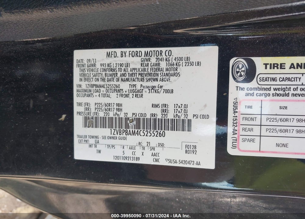 2012 FORD MUSTANG V6 VIN: 1ZVBP8AM4C5255260