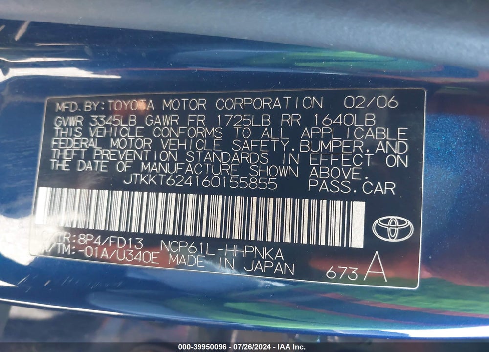 2006 SCION XA VIN: JTKKT624160155855