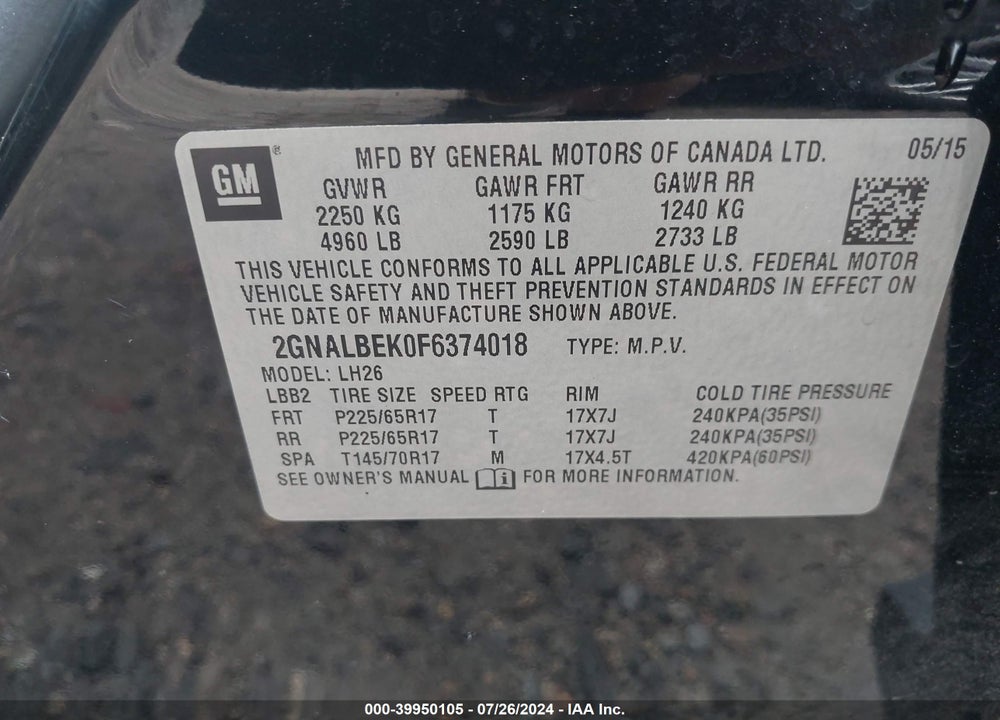 2015 CHEVROLET EQUINOX 1LT VIN: 2GNALBEK0F6374018