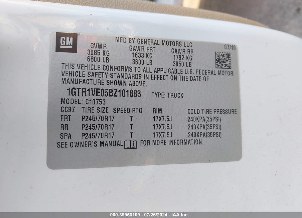 2011 GMC SIERRA 1500 SLE VIN: 1GTR1VE05BZ101883