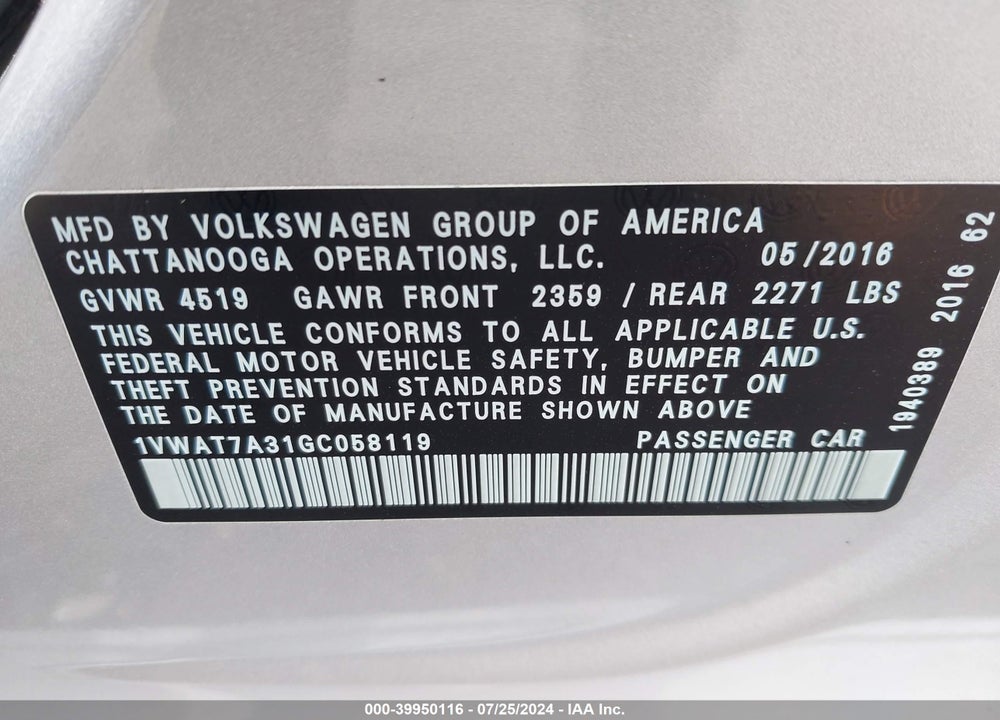 2016 VOLKSWAGEN PASSAT 1.8T R-LINE W/COMFORT PKG VIN: 1VWAT7A31GC058119
