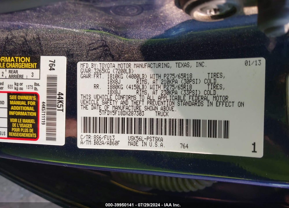 2013 TOYOTA TUNDRA GRADE 5.7L V8 VIN: 5TFDY5F18DX287303