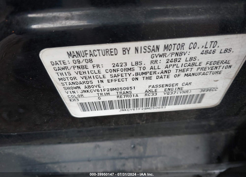 2009 INFINITI G37X VIN: JNKCV61F29M050651