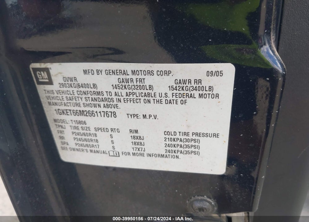 2006 GMC ENVOY XL DENALI VIN: 1GKET66M266117678