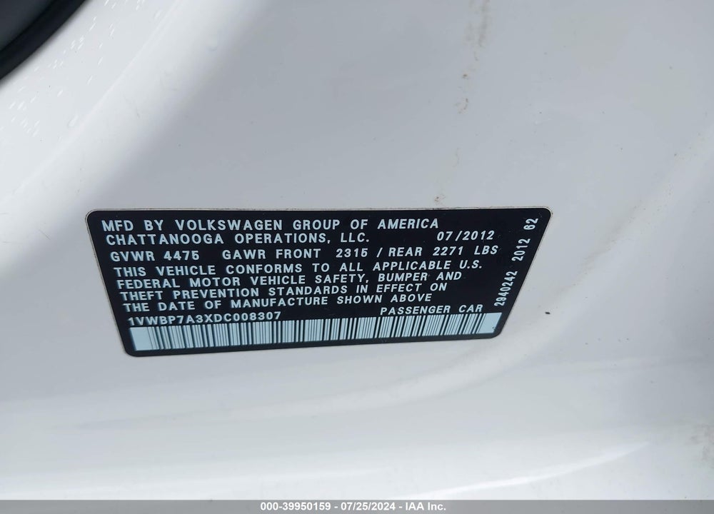 2013 VOLKSWAGEN PASSAT 2.5L SE VIN: 1VWBP7A3XDC008307