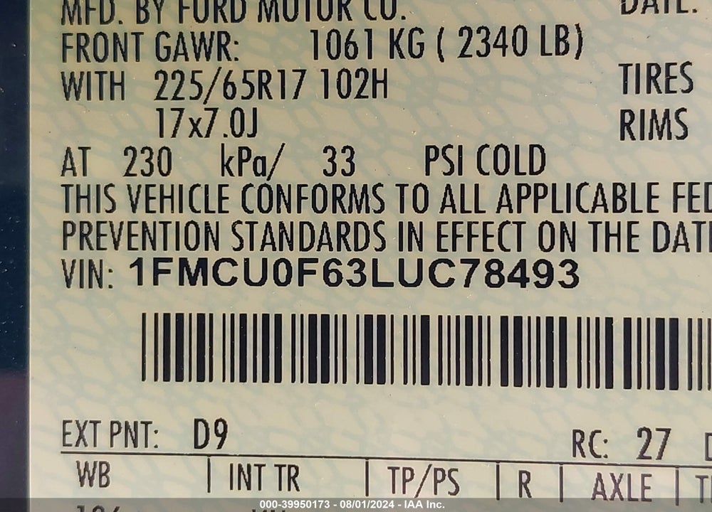 2020 FORD ESCAPE S VIN: 1FMCU0F63LUC78493