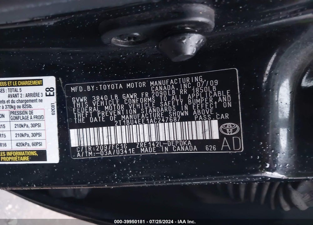 2010 TOYOTA COROLLA LE/S/XLE VIN: 2T1BU4EE1AC247687