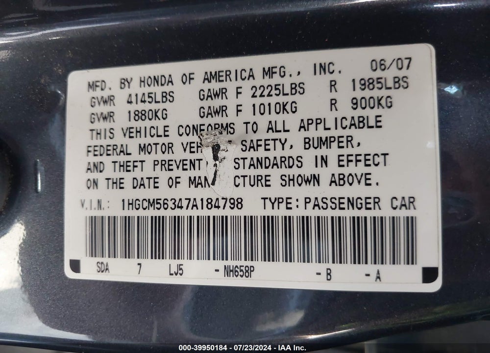 2007 HONDA ACCORD 2.4 SE VIN: 1HGCM56347A184798