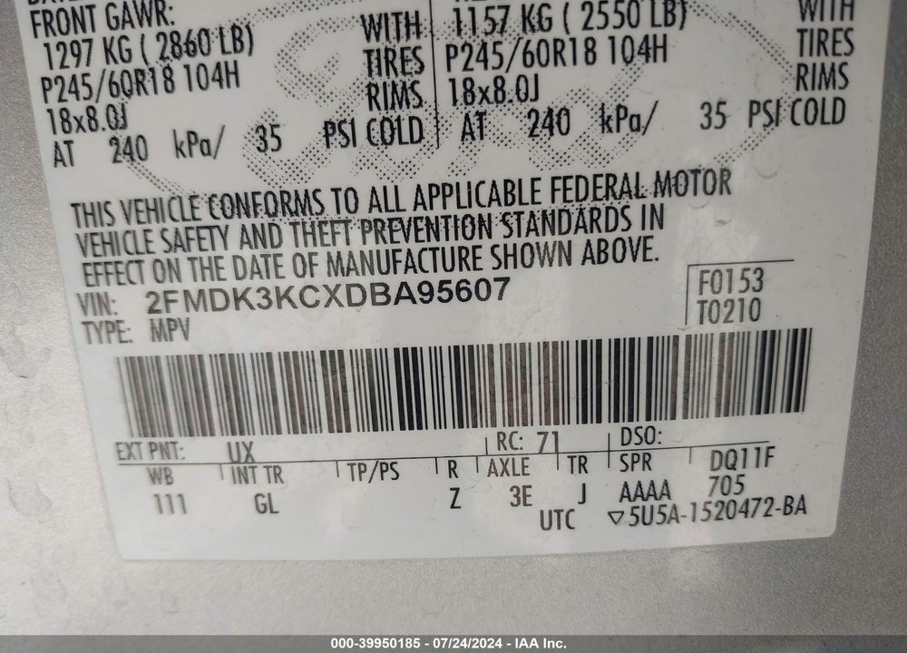 2013 FORD EDGE LIMITED VIN: 2FMDK3KCXDBA95607