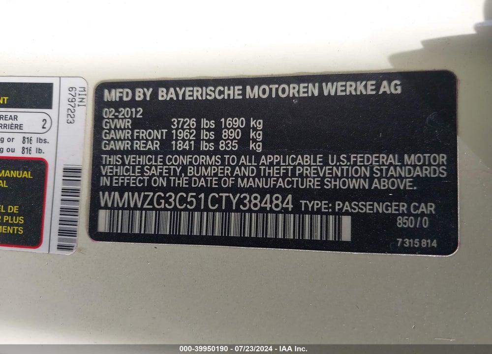 2012 MINI COOPER S CLUBMAN VIN: WMWZG3C51CTY38484