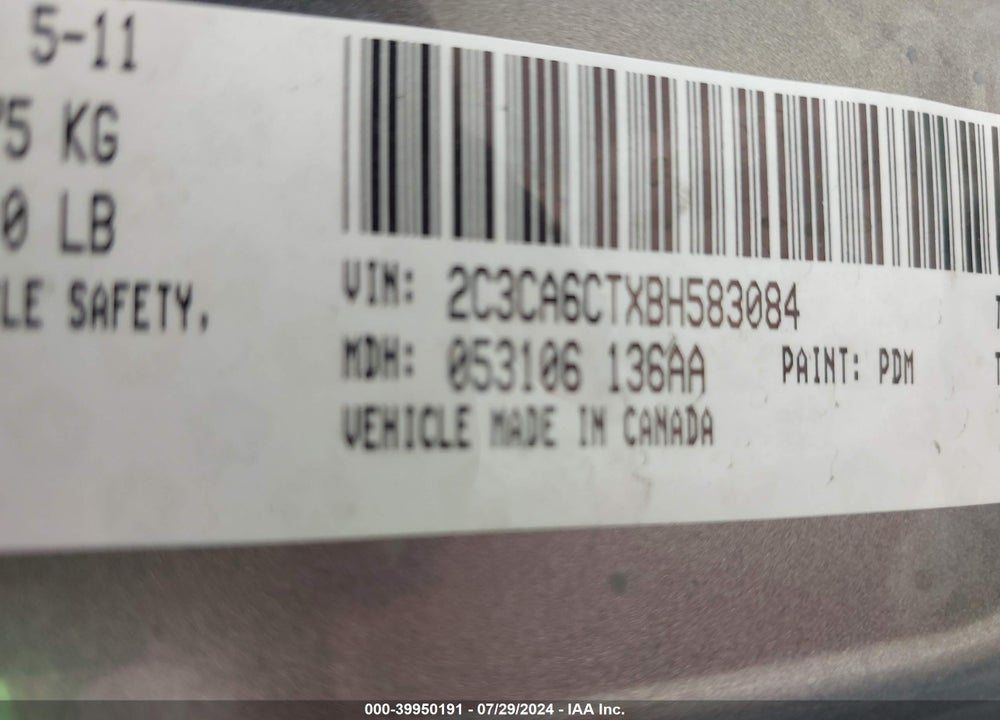 2011 CHRYSLER 300C VIN: 2C3CA6CTXBH583084