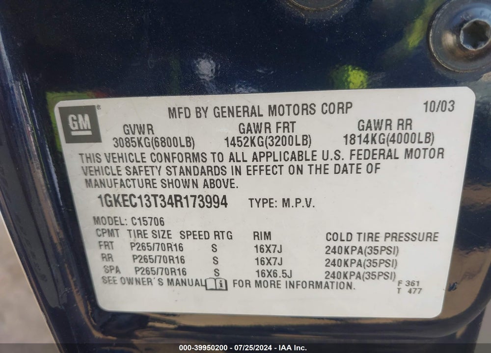 2004 GMC YUKON SLT VIN: 1GKEC13T34R173994