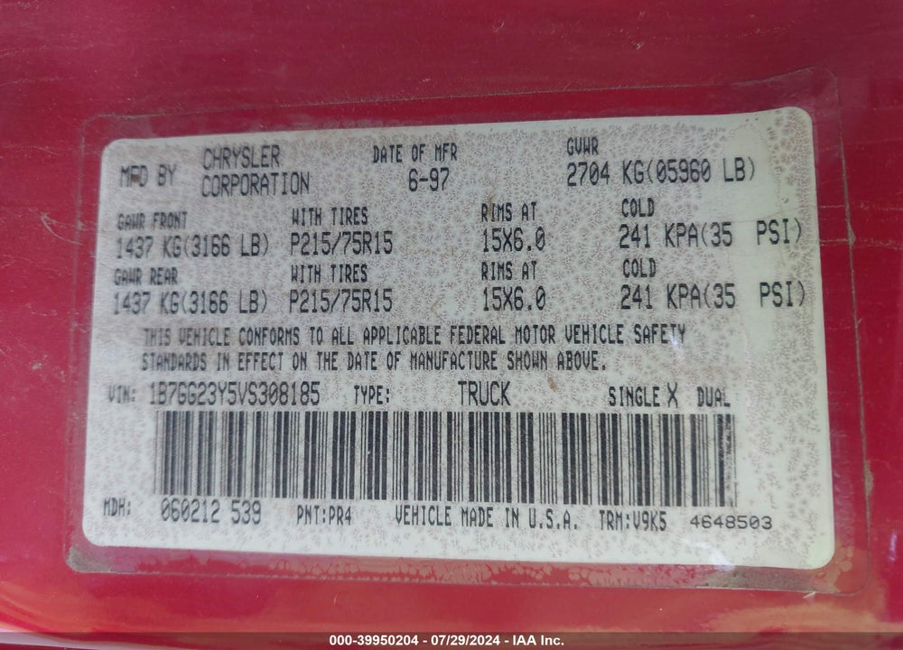 1997 DODGE DAKOTA SLT/SPORT VIN: 1B7GG23Y5VS308185