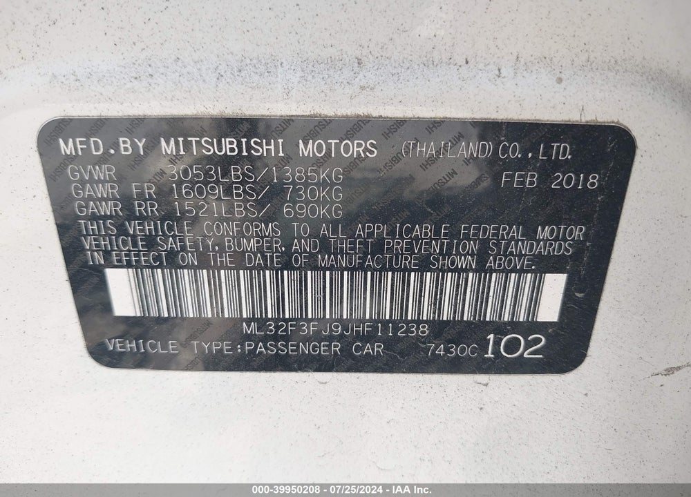 2018 MITSUBISHI MIRAGE G4 ES VIN: ML32F3FJ9JHF11238