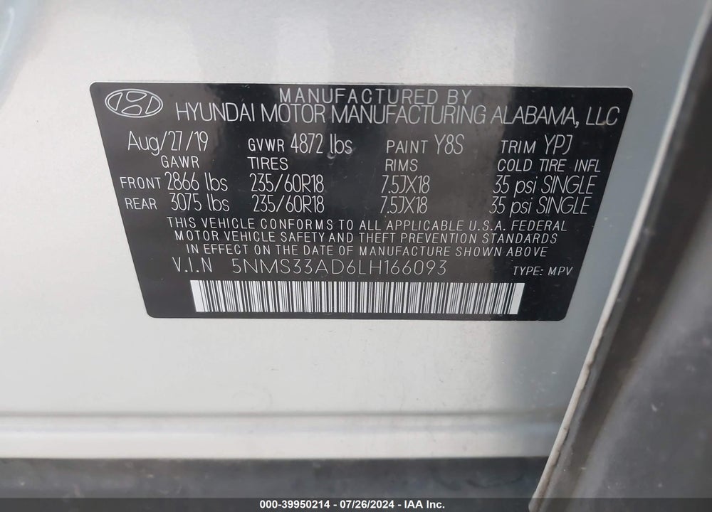 2020 HYUNDAI SANTA FE SEL VIN: 5NMS33AD6LH166093