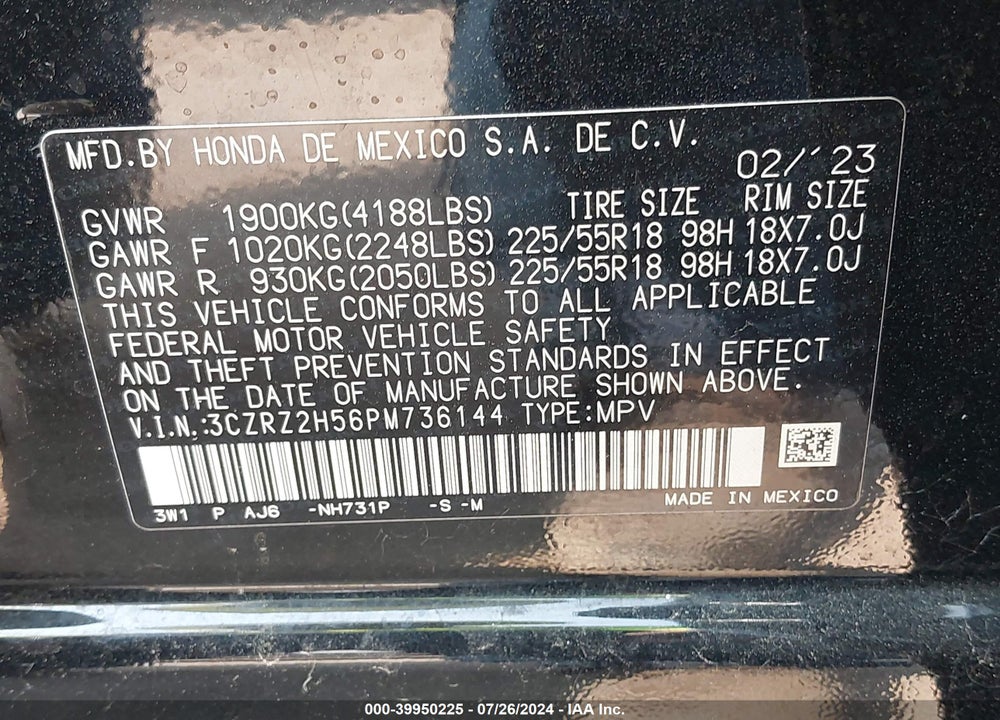 2023 HONDA HR-V AWD SPORT VIN: 3CZRZ2H56PM736144