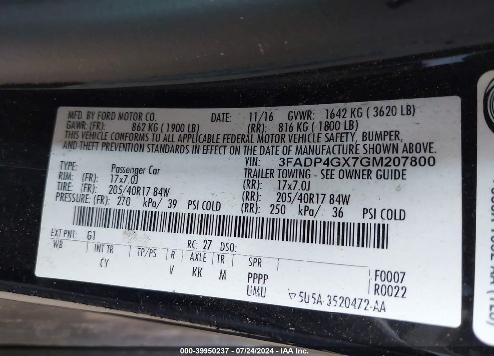2016 FORD FIESTA ST VIN: 3FADP4GX7GM207800