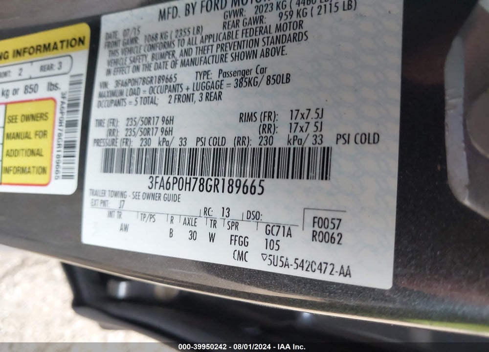 2016 FORD FUSION SE VIN: 3FA6P0H78GR189665